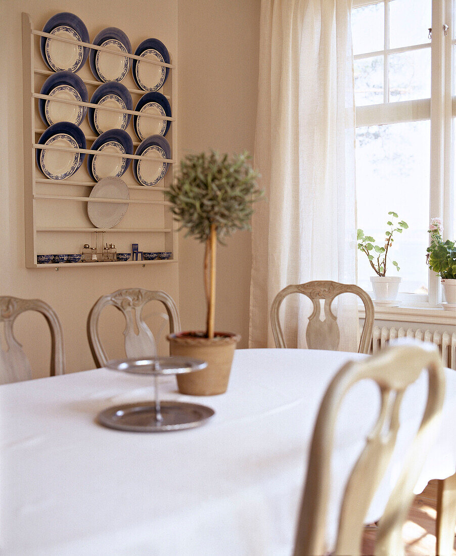 Esstisch mit gustavianischen Stühlen und Tellerregal an der Wand