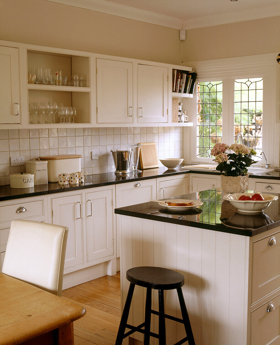 Overview of traditional kitchen workspace and diner