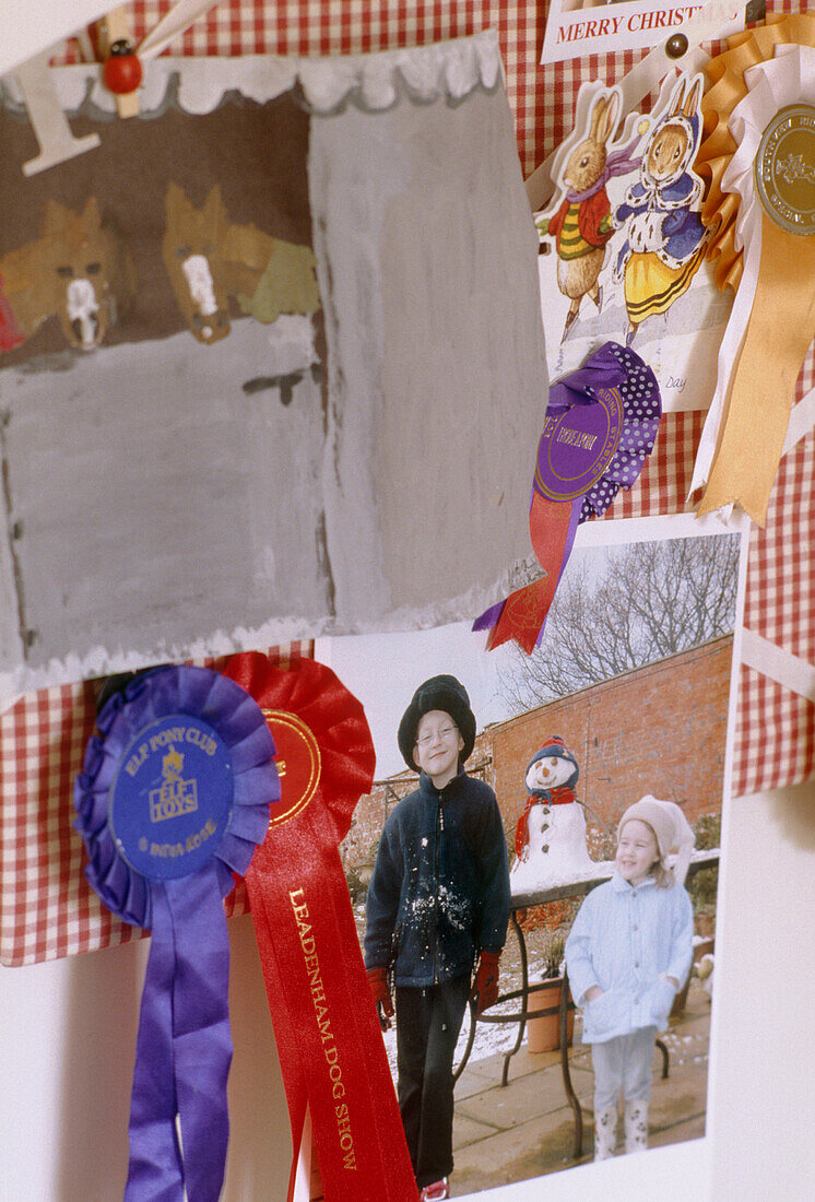 Close up detail of two rosettes surrounded by Christmas cards and photographs