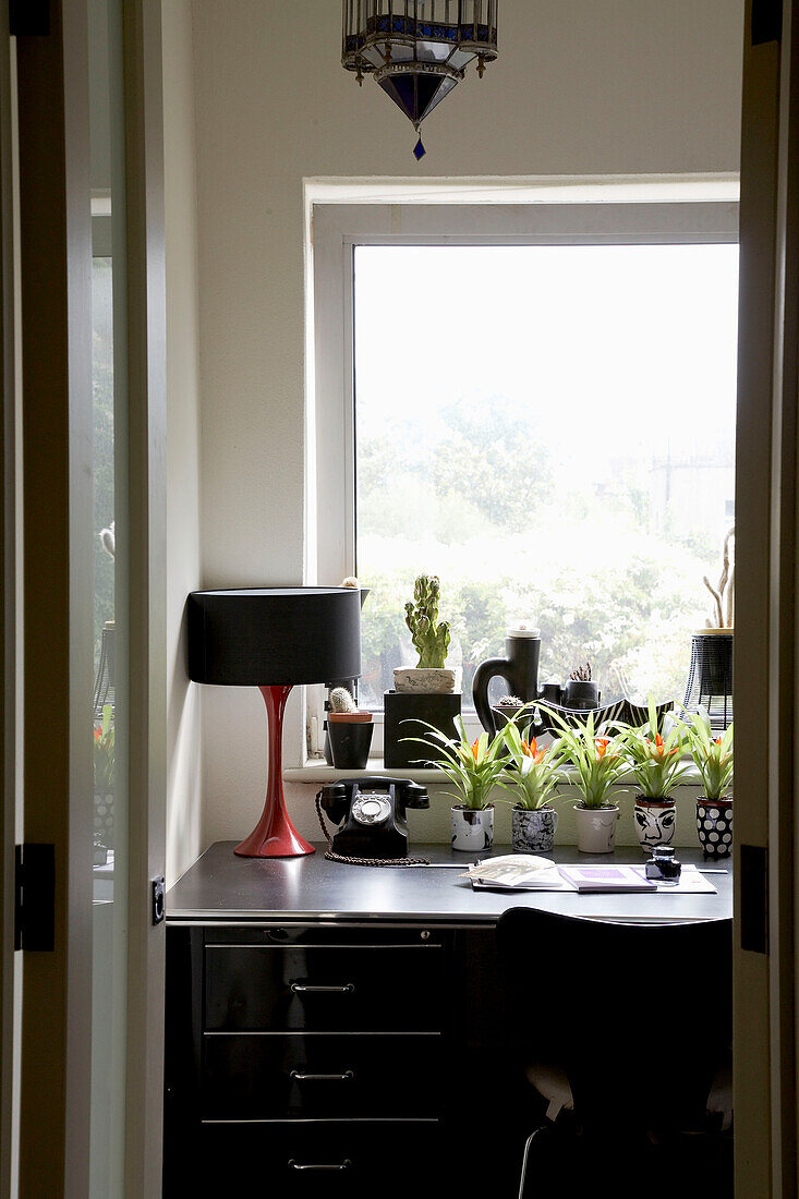Blick durch die offene Tür auf den Schreibtisch vor dem Fenster mit Zimmerpflanze auf der Fensterbank