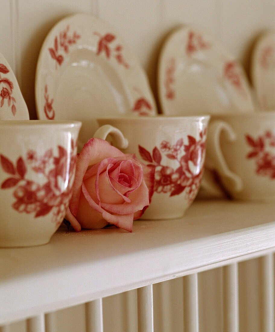 Floral decorated cups and plates on shelf