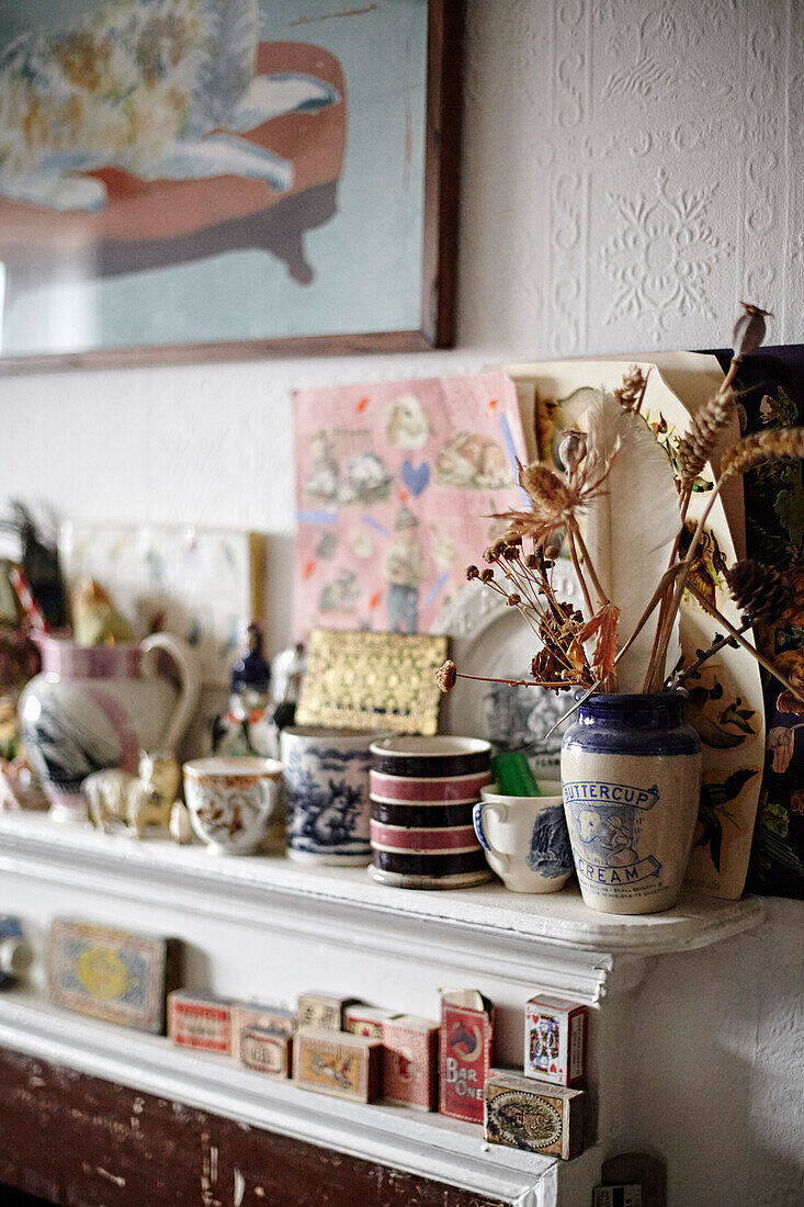 Vintage matchboxes and ceramic jugs Yorkshire, UK