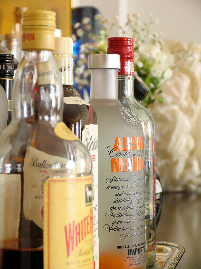 Sortiment von Wodka- und Whiskyflaschen