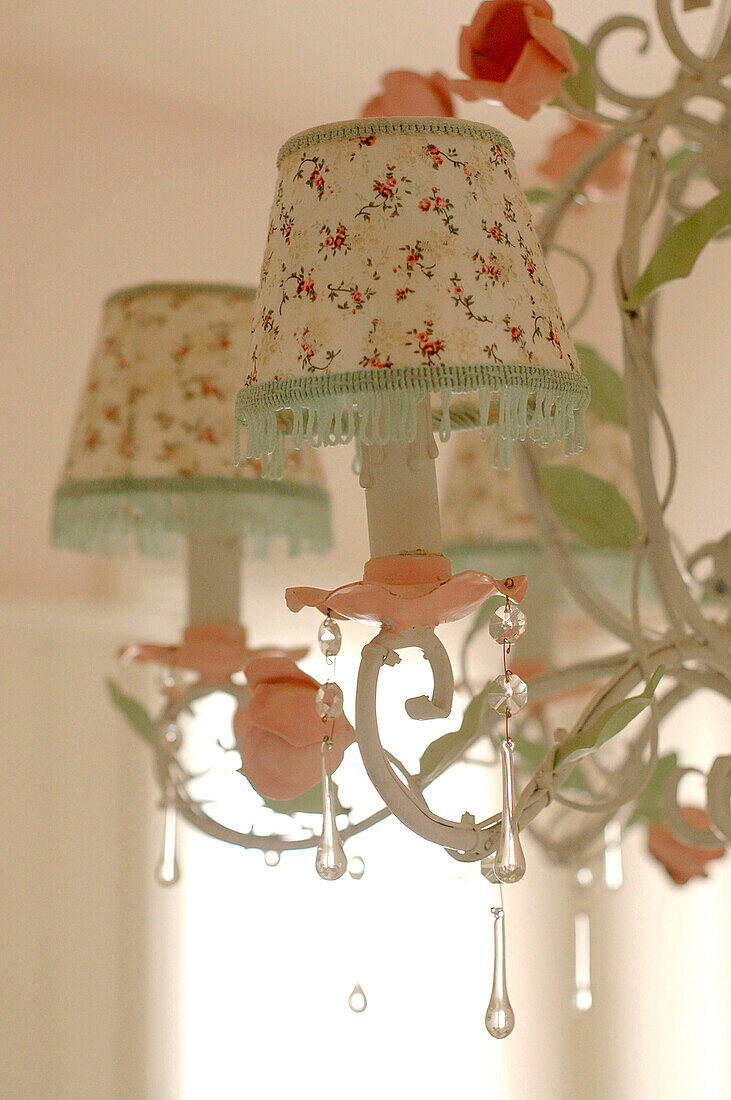 Floral patterned lampshades on fitting with droplet detail