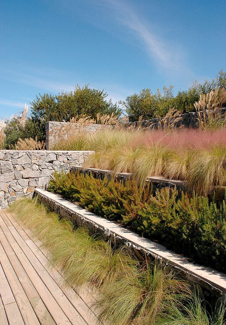 Grey granite stone walls and steps with Gramineae grasses in garden designed by Alejandra de Domenicci