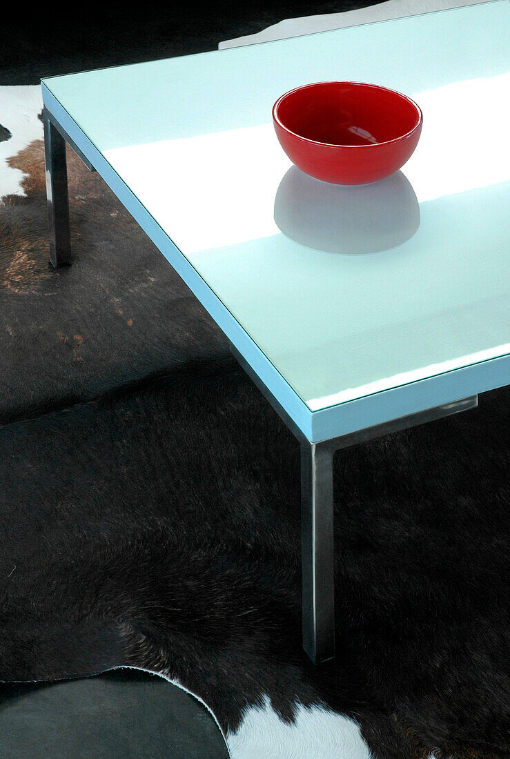 Rote Schale auf Tisch mit Tierfellteppich
