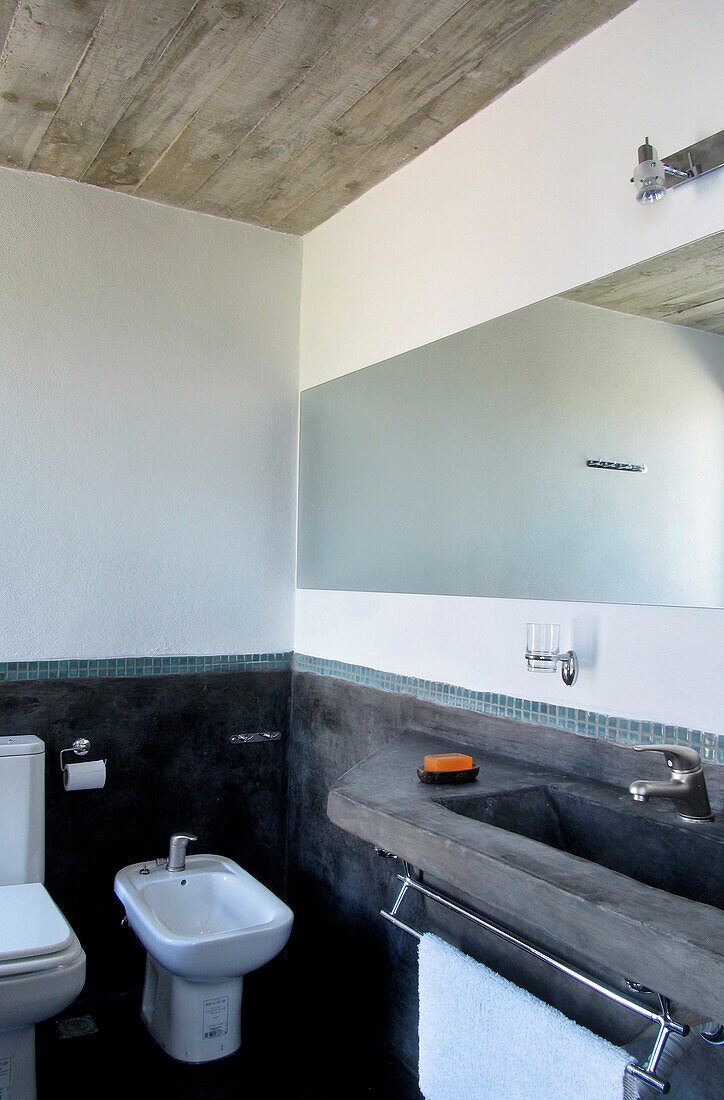 Waschbecken und Bidet im Badezimmer mit Spiegelreflexionsraum
