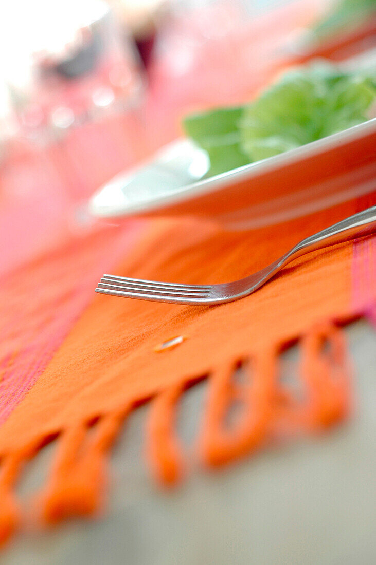 Fork and plate on striped tablecloth