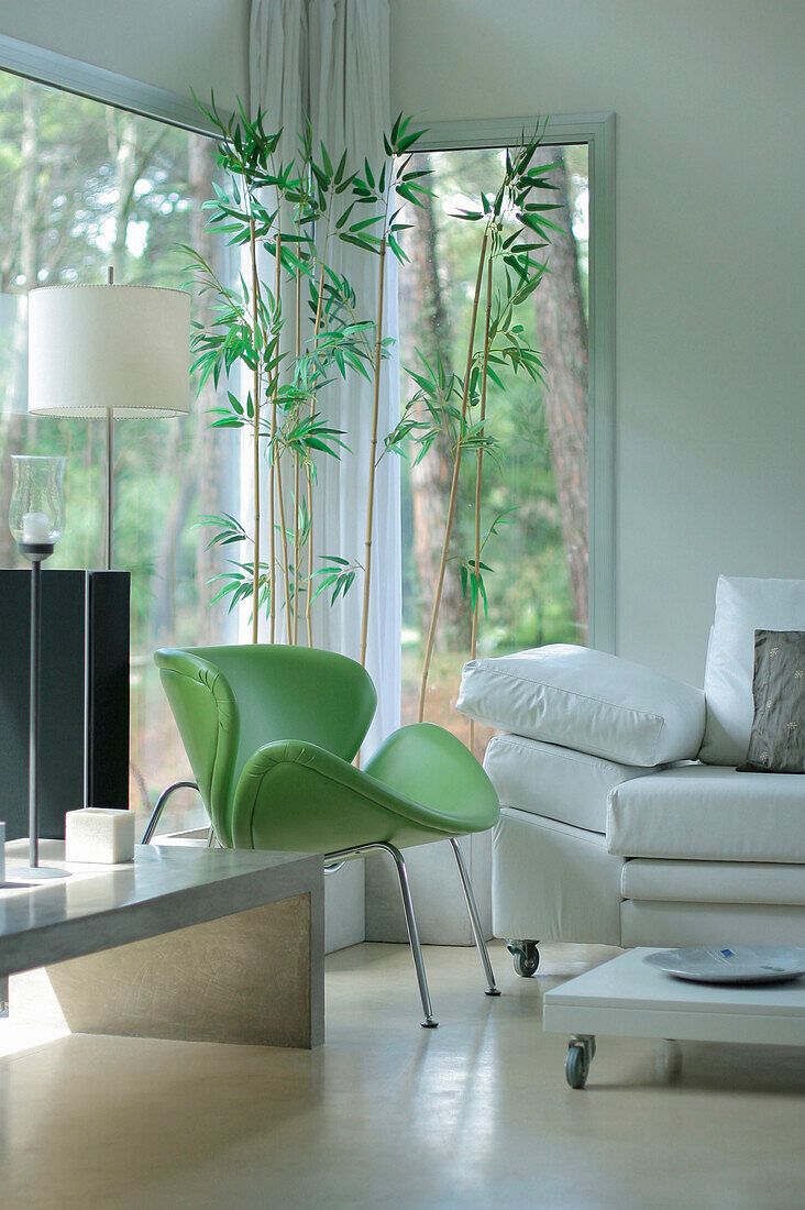 Lime green armchair with bamboo in corner window