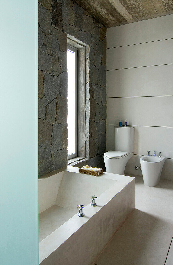 Toilet and bidet with bath tub in bathroom with exposed stone wall