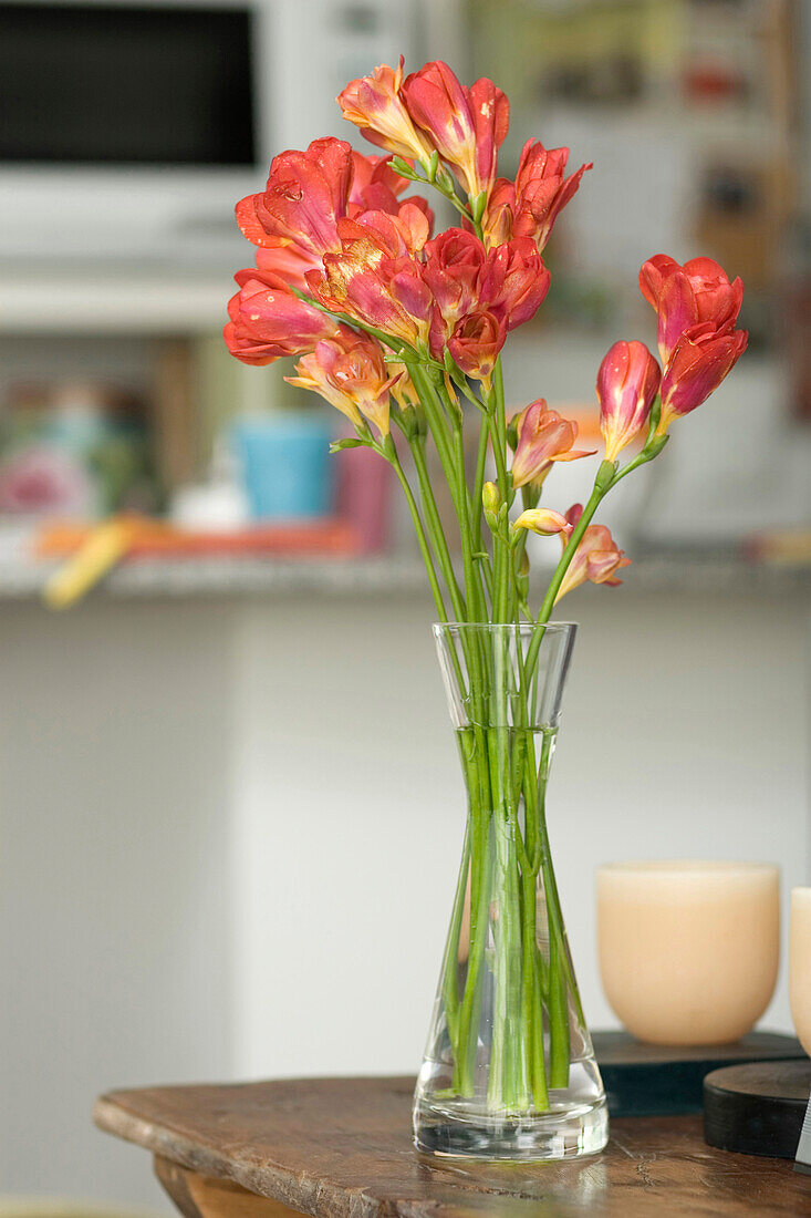 Vase of red flowers on kitchen table