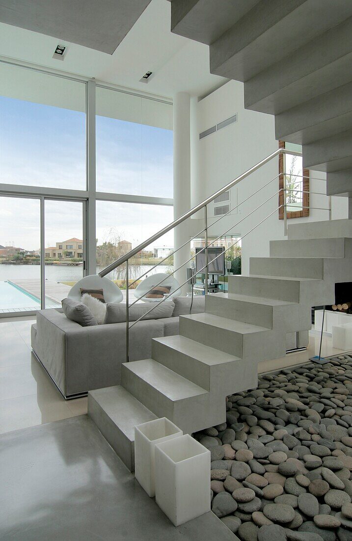 Modern living room and staircase, Pacheco, Buenos Aires, Argentina