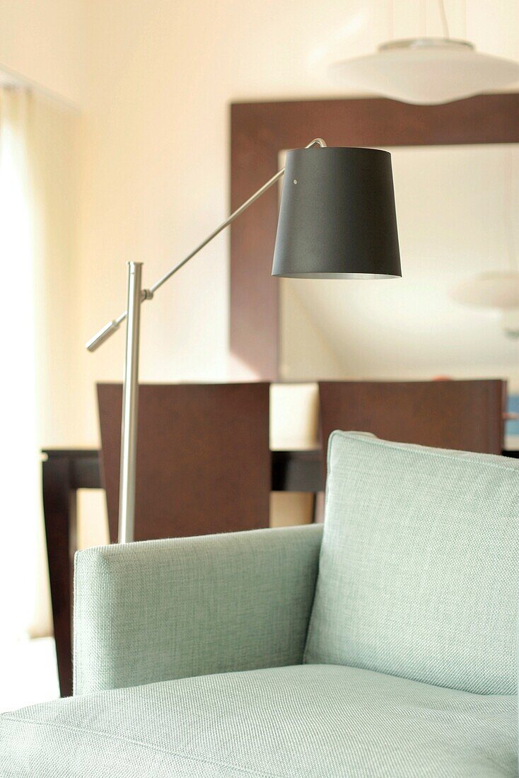 Floor lamp and sofa in modern living room close-up, Palermo, Buenos Aires, Argentina