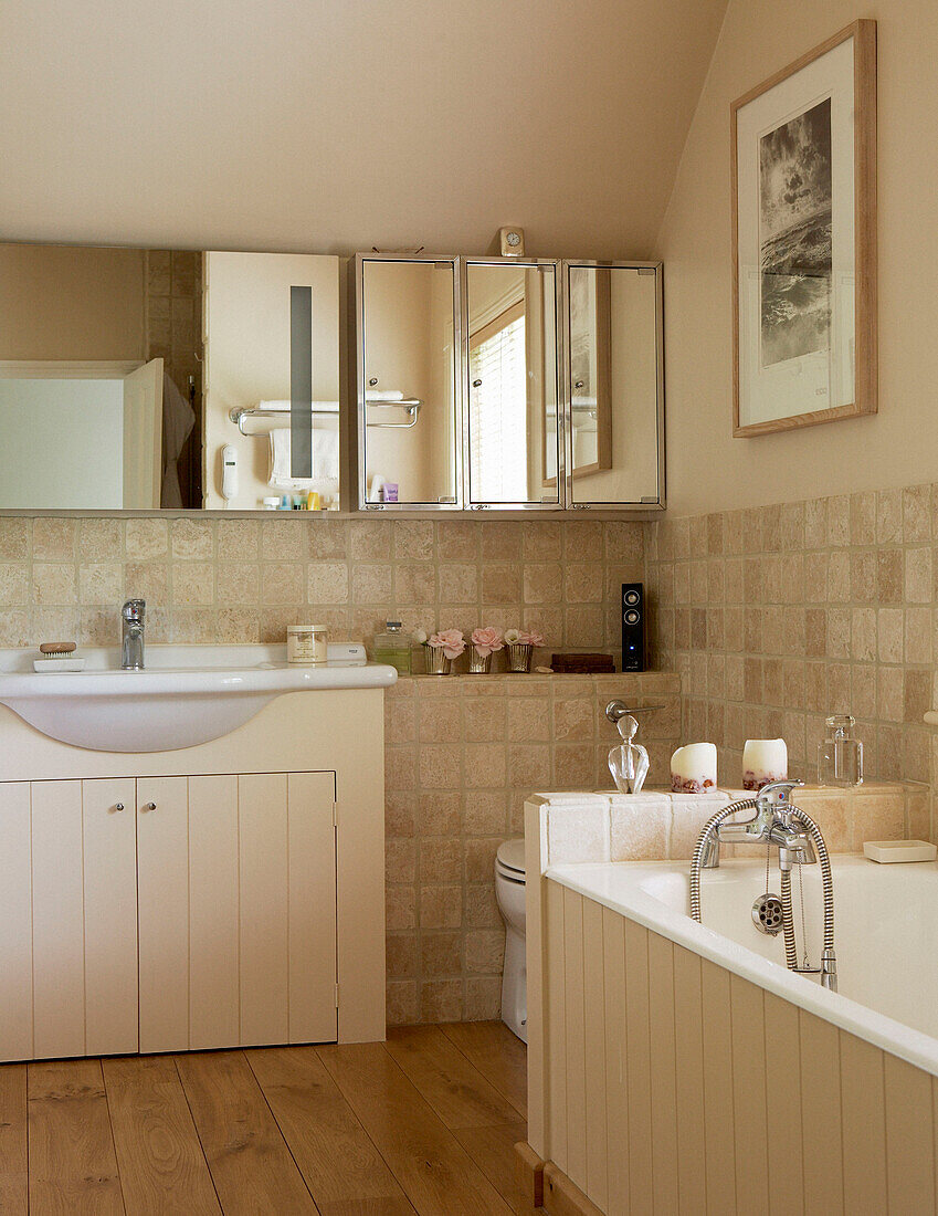 Mirrored cabinet above washbasin in neutral bathroom of 17th Century Oxfordshire family home