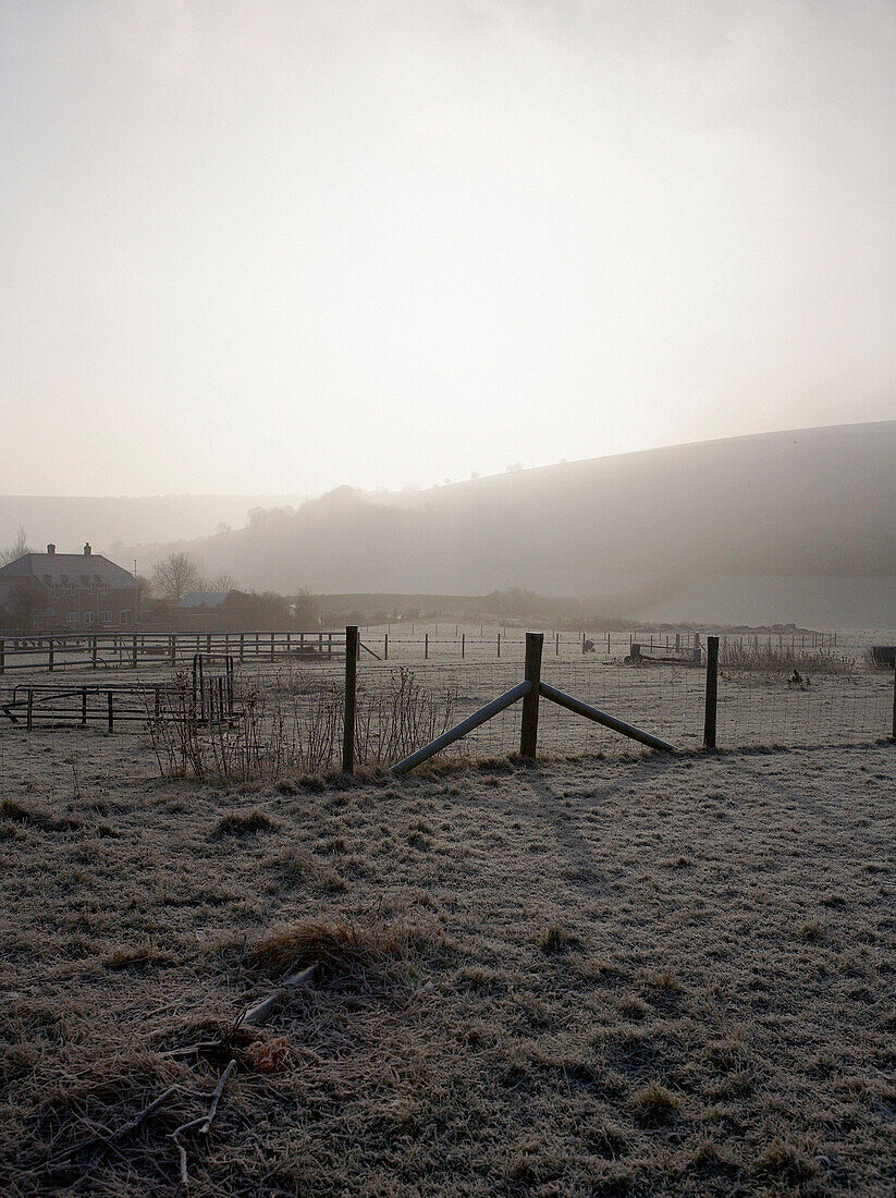 Blick über die Felder von Dorset im Morgennebel