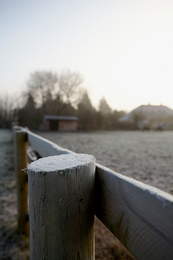 Morgenfrost auf einem Zaunpfahl in Dorset