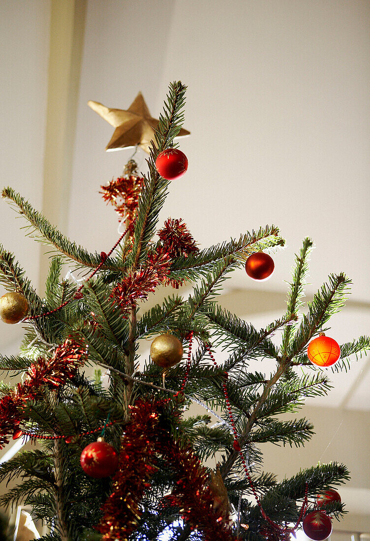 Red and gold baubles on Christmas tree