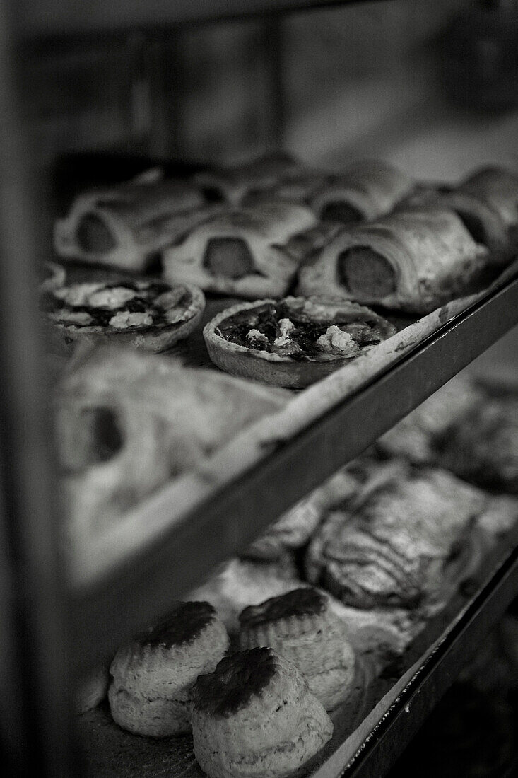 Shelves of pastries fresh from the bakery