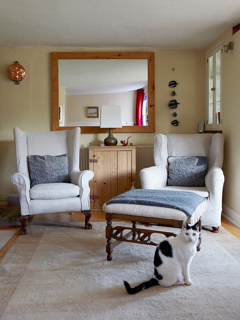 Cat sits in living room with rectangular mirror and white upholstered wingback armchairs 