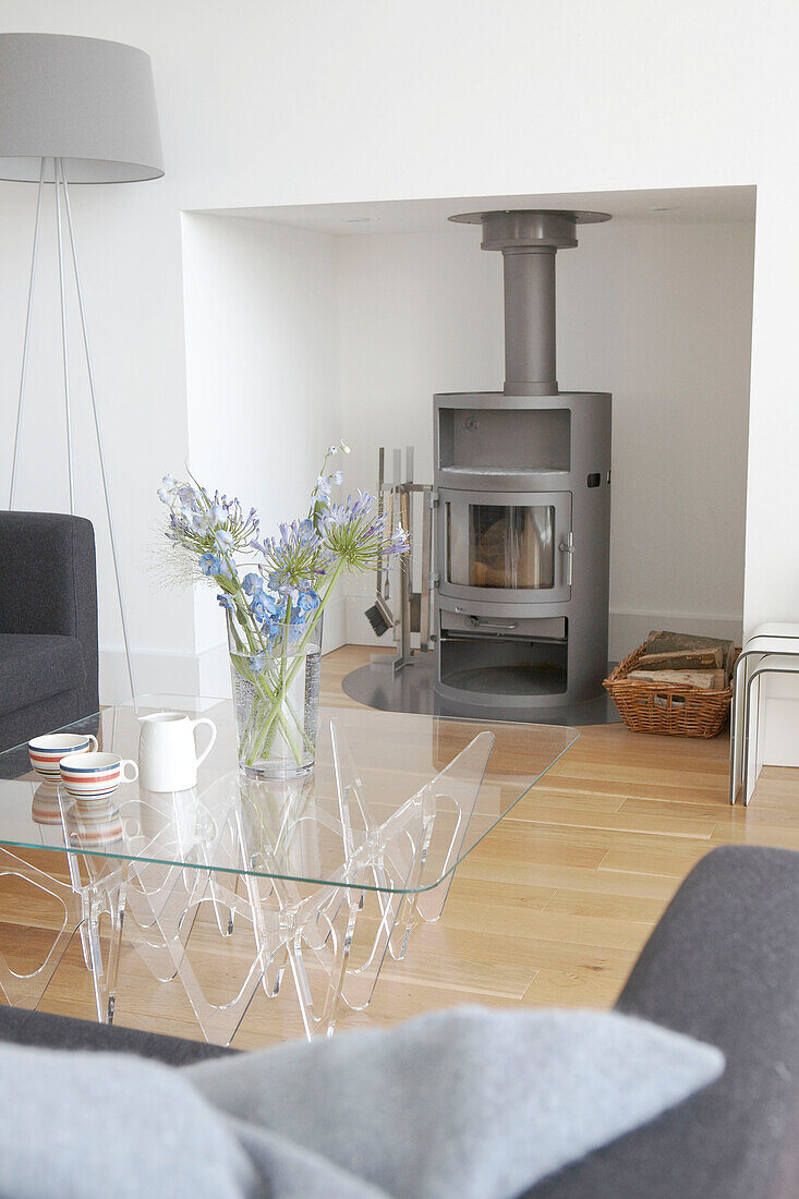 Wood burning stove and glass topped coffee table in sustainable housing Gloucestershire