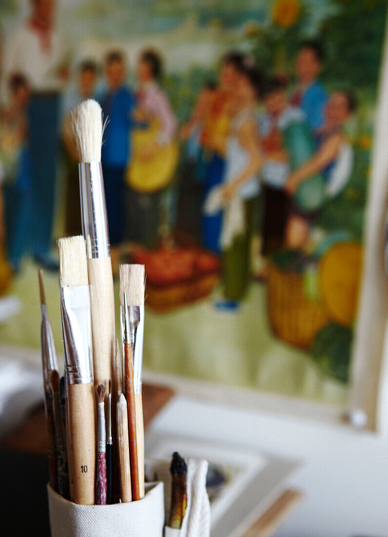 Paint brushes in artist's studio Masterton New Zealand