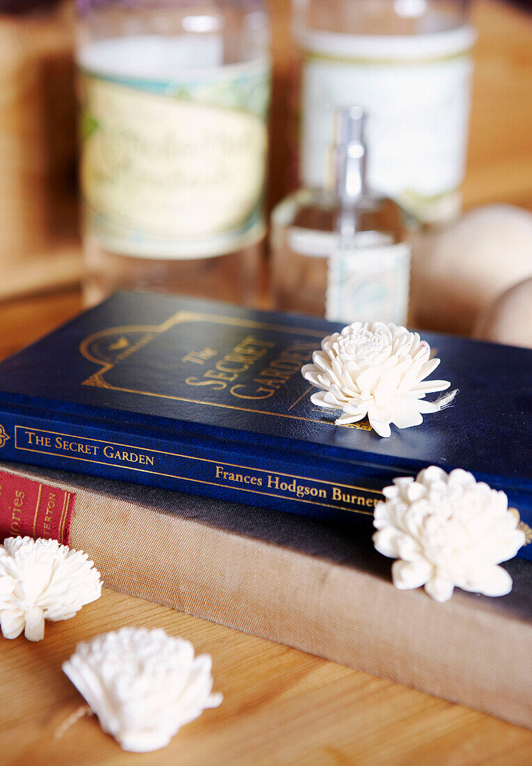 Close up of flowers on a book