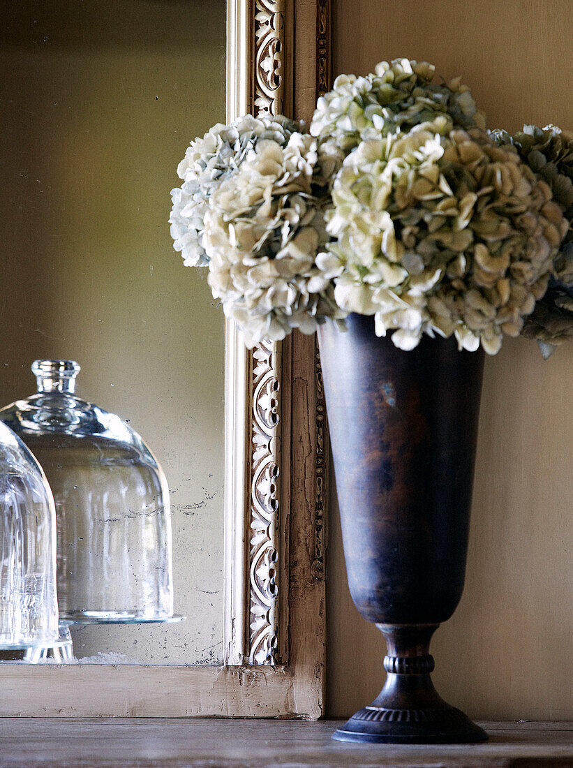 Dried hydrangea in vase with mirror reflecting glass tableware in country home