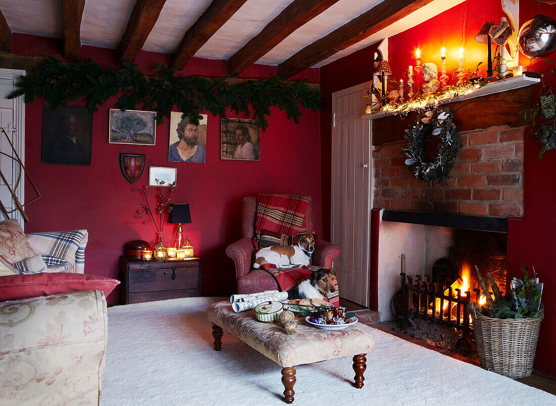 Two dogs sit at fireside in beamed country home