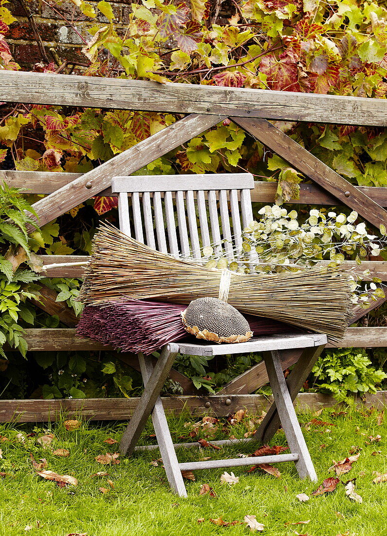 Getrocknete Blumen auf Holzstuhl am Tor in Essex Garten England UK