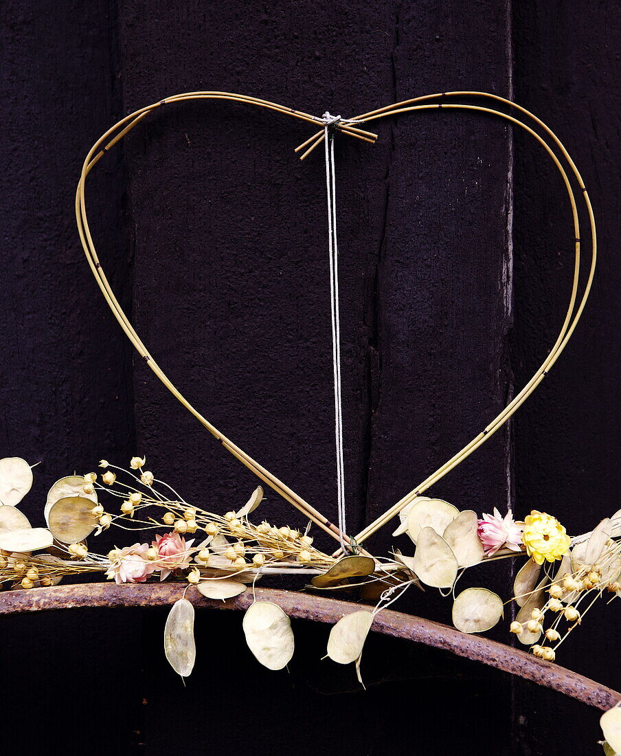 Heart shape and dried flowers Honesty (Lunaria annua) Essex England UK