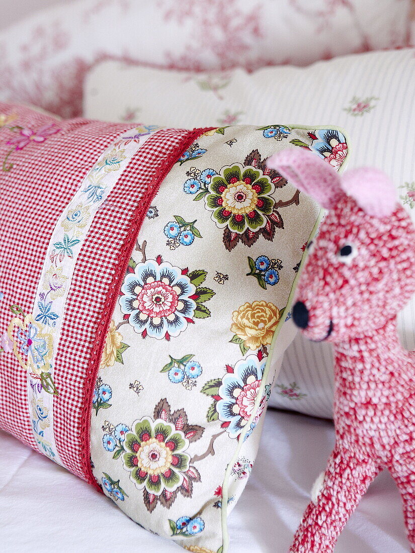 Soft toy and handmade cushions in Durham family home England UK