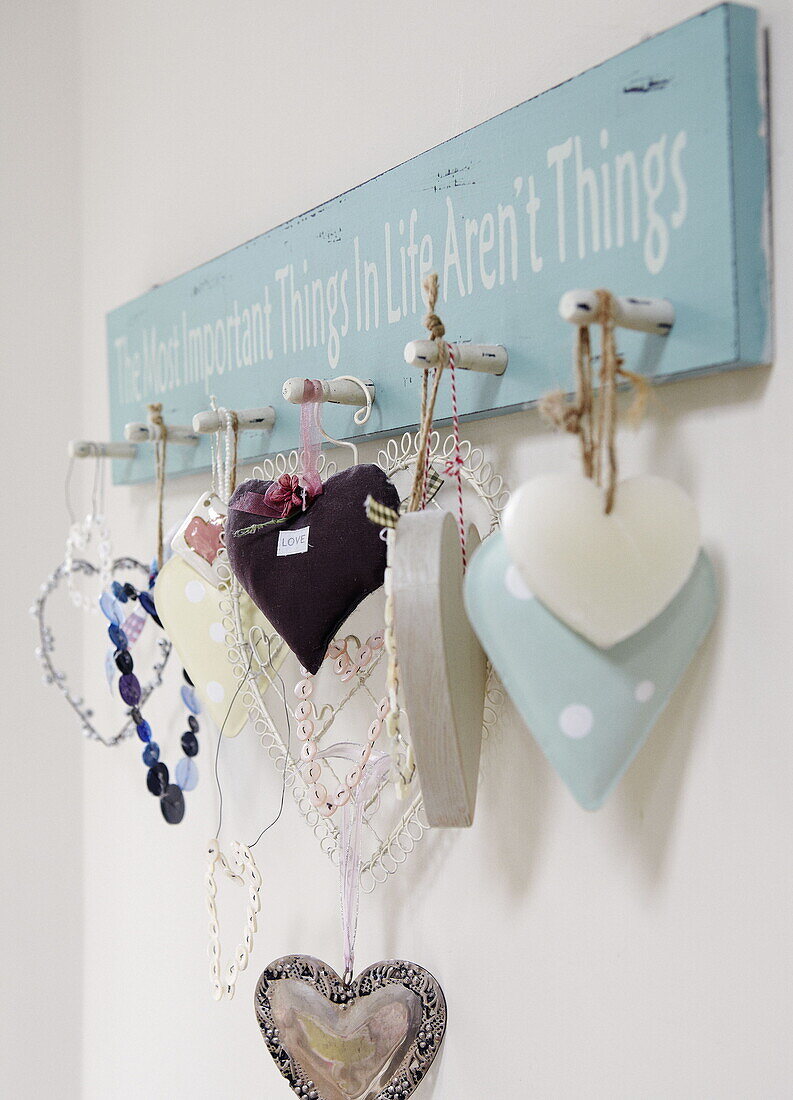 Hearts on hooks 'The Most Important Things in Life Aren't Things' Gateshead home Tyne and Wear England UK