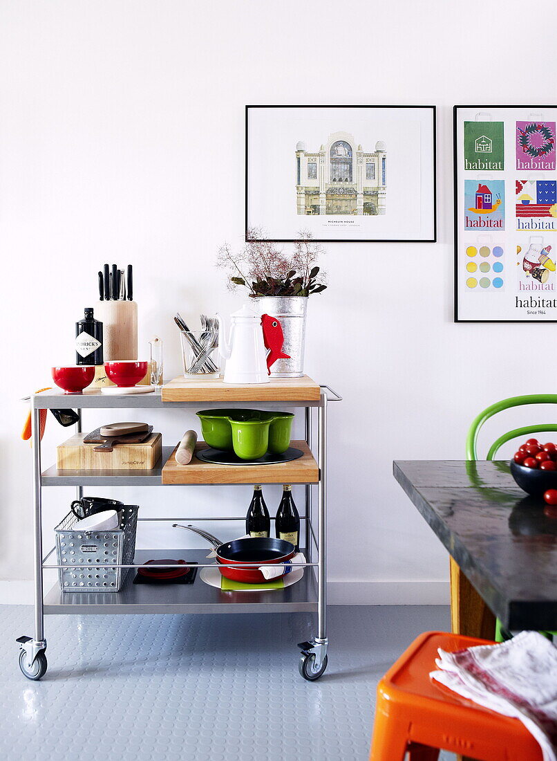 Stainless steel kitchen trolley in Newcastle kitchen England UK