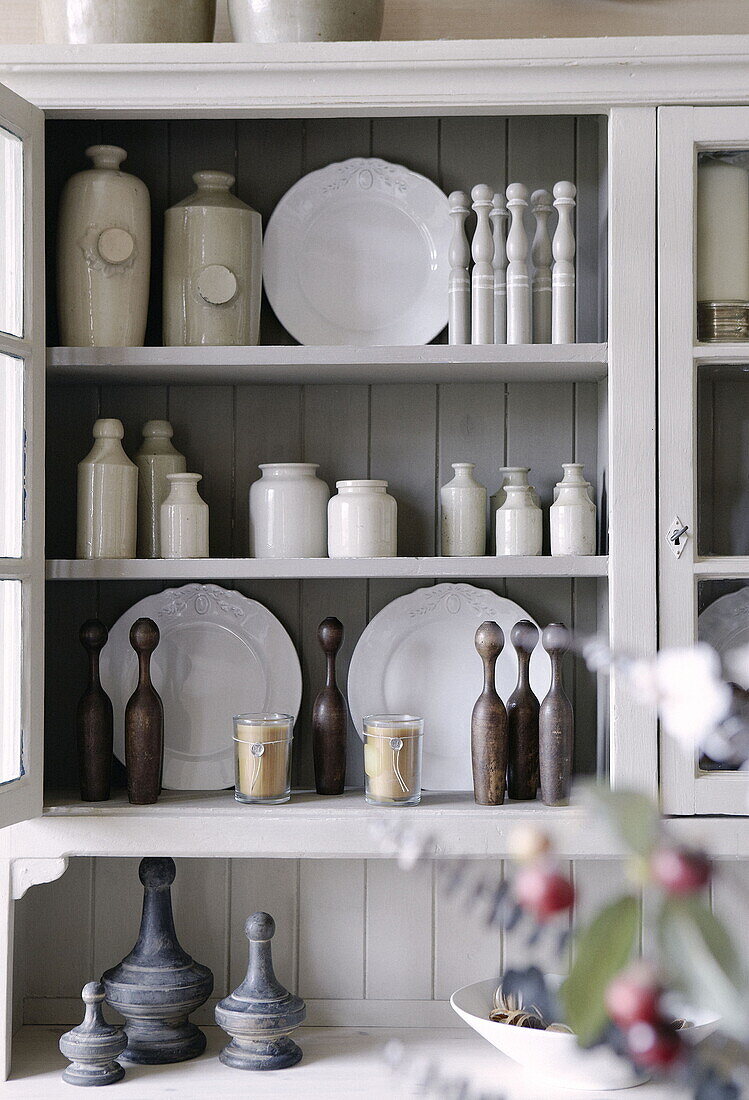Vintage crockery in kitchen dresser of country house Tunbridge Wells Kent England UK