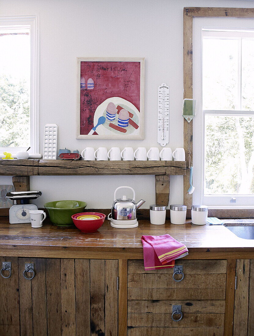 Salvaged workbench in kitchen of London family home UK