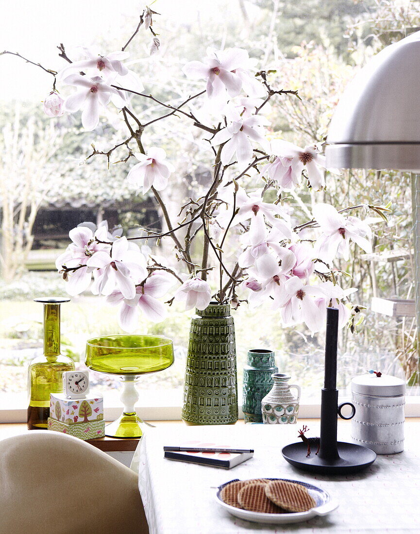 Flower blossom on kitchen window with retro homeware and view to garden of Bussum home, Netherlands
