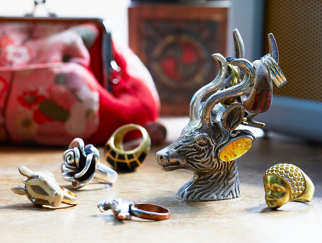 Verschiedene Ringe auf einem Schafskopf auf einem Schminktisch in einem Familienhaus in Margate, Kent, England, UK