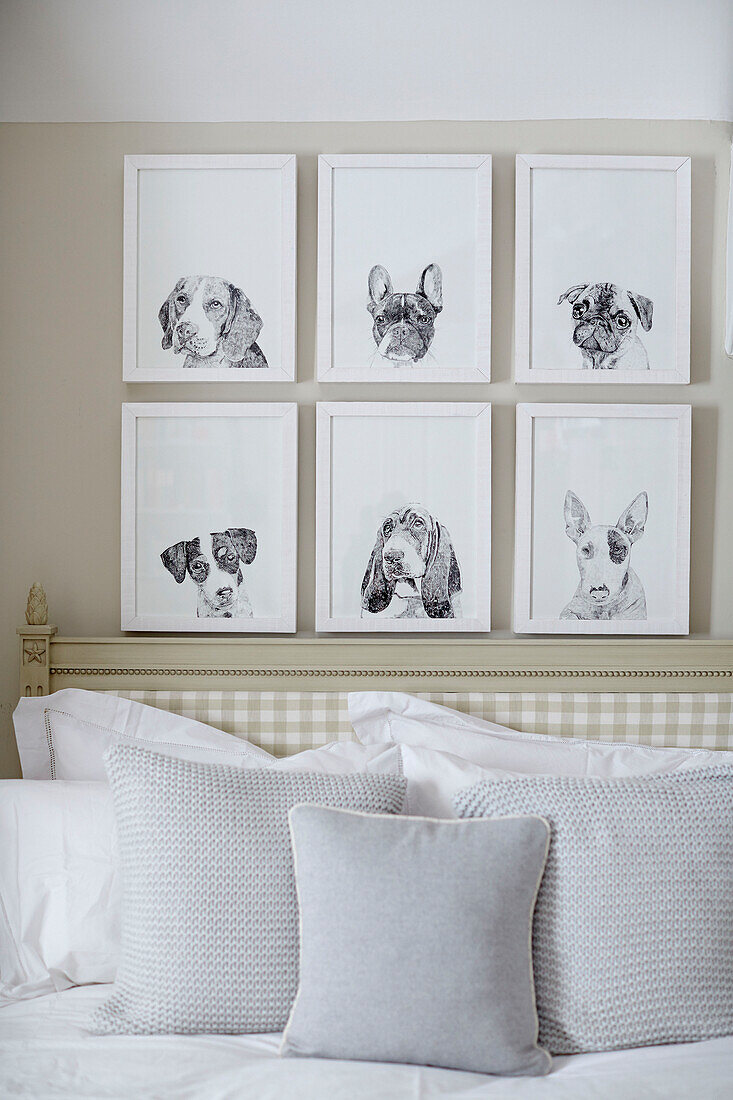 Gerahmte Drucke von Hundeköpfen über Kissen auf dem Bett in einem Landhaus in Northumbria UK