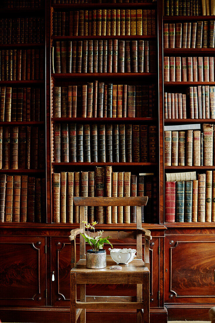 Holzstuhl vor der Bibliothek in Capheaton Hall in Northumberland, UK