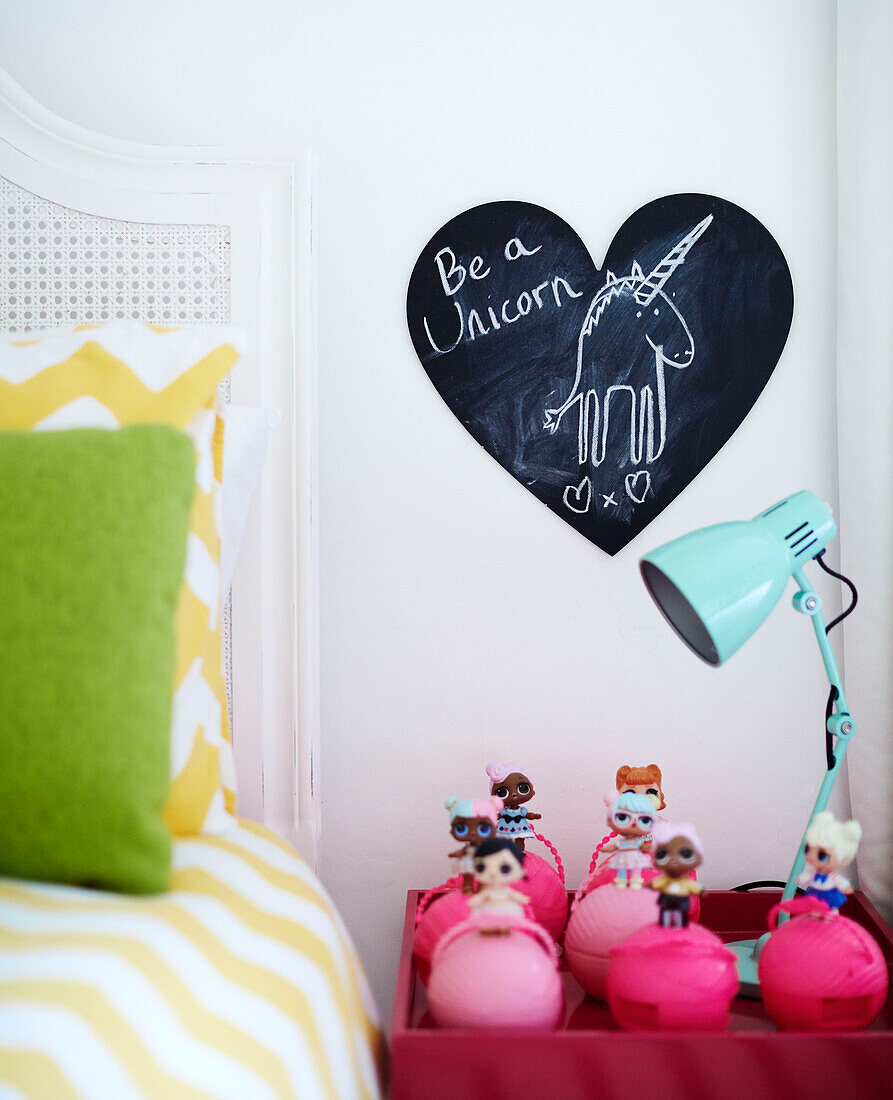 Personalised chalkboard in girl's room South East London home, UK