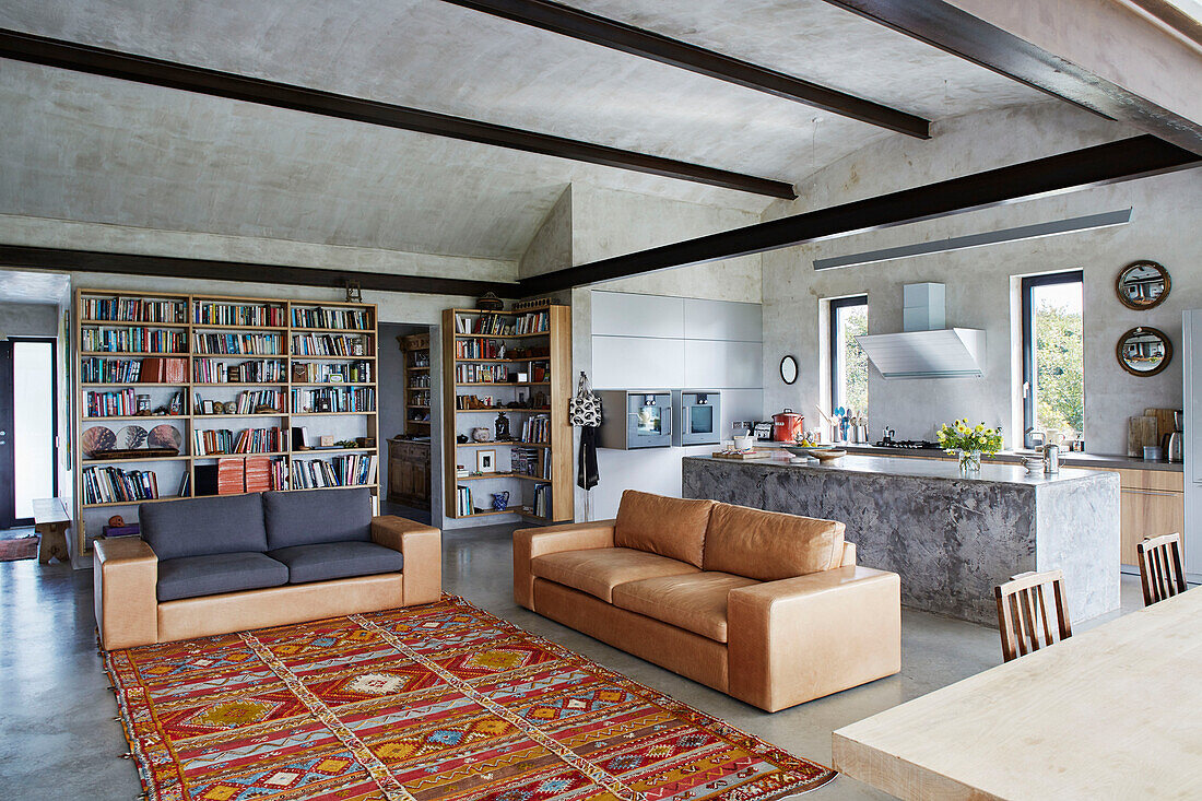 Bookcases and patterned rug with leather sofas in open plan Sligo home, Ireland