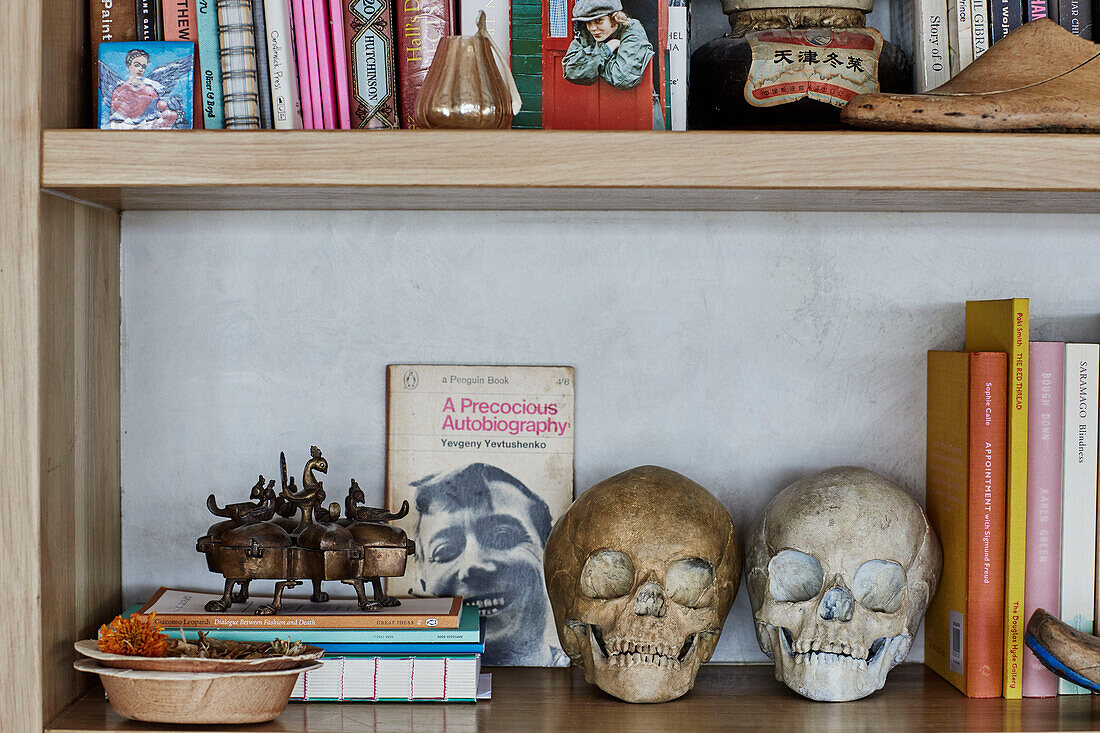 Bücher und Ornamente auf Regalen mit Totenköpfen in einem Haus in Sligo, Irland