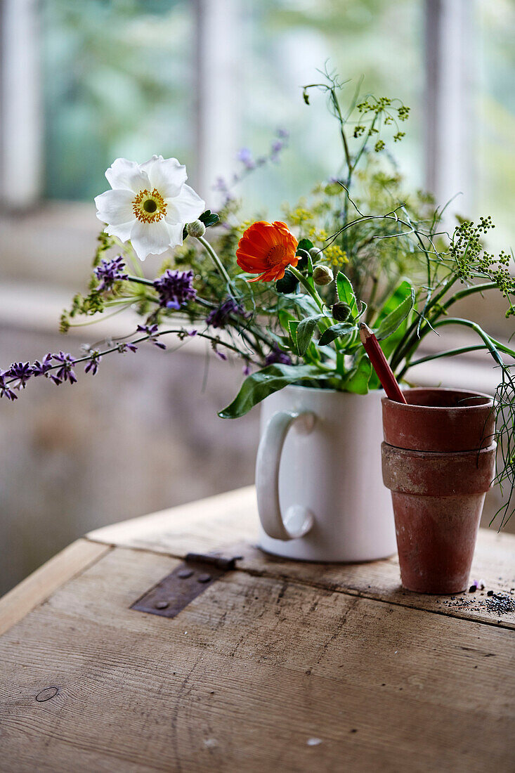 Cut flowers in mug in garden shed
