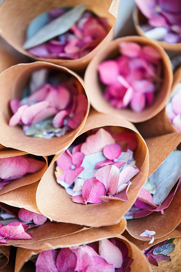 Papiertüten mit Hortensienblüten als Streublumen