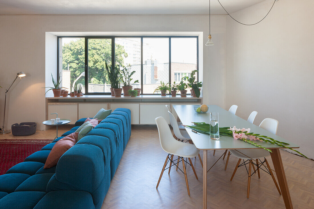 Bright living room with long, blue sofa and dining area with window front