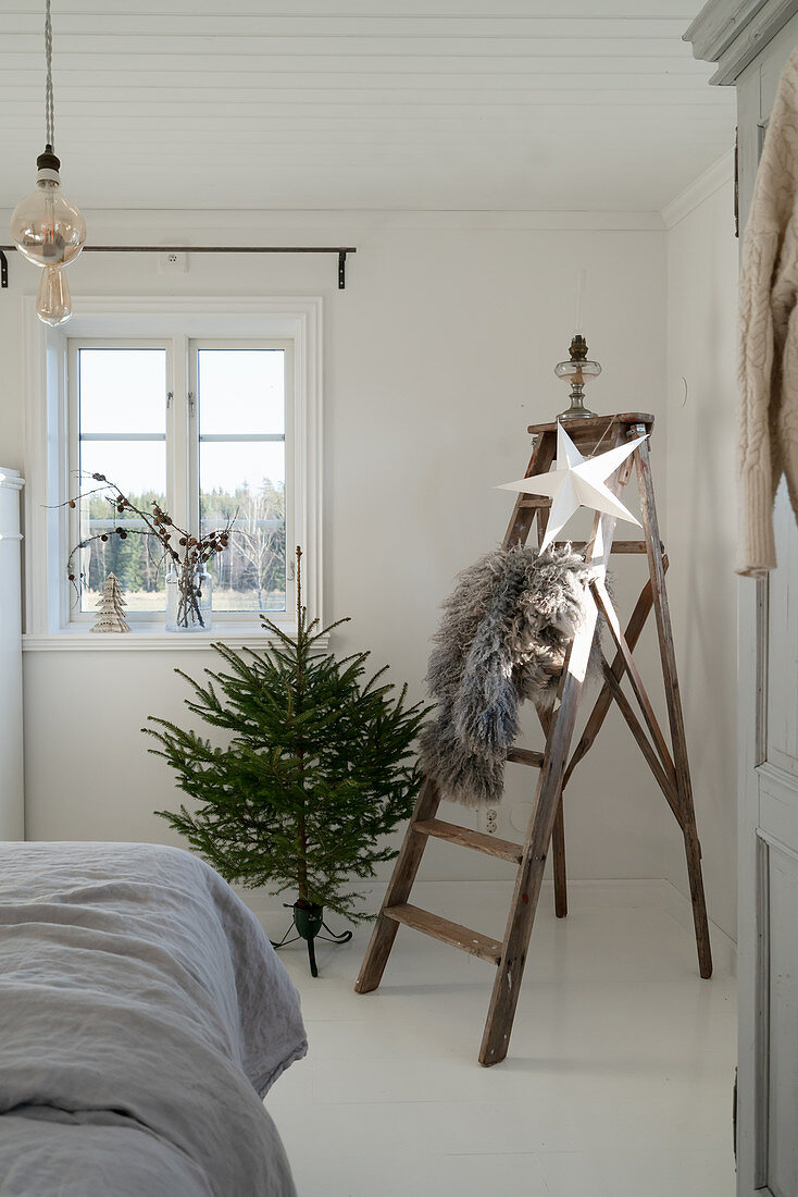 Kleiner Weihnachtsbaum neben alter Klappleiter mit Fell und Stern