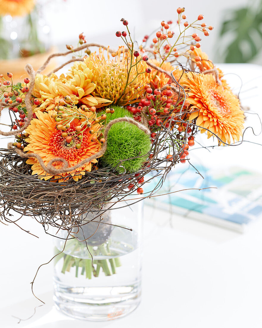 Herbststrauß mit Gerbera, Chrysanthemen, Nadelkissen-Protea, Hagebutten und Moos, Ranken vom Drahtwein als Manschette