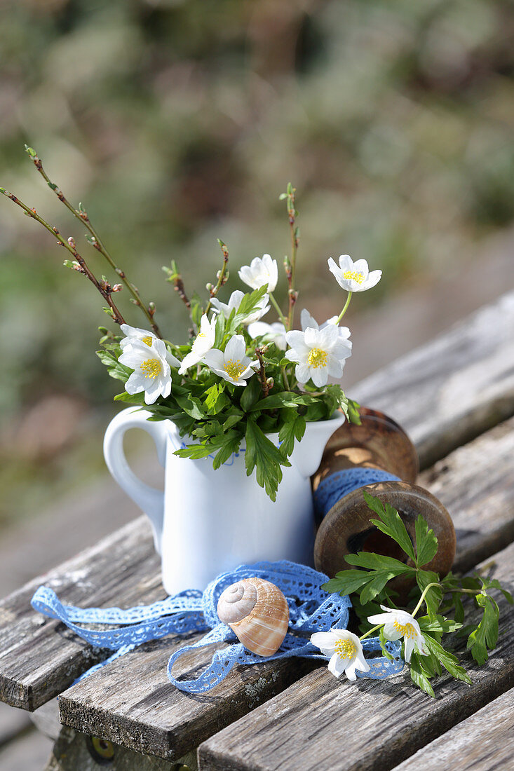Small bouquet of wood anemones in a cream jug