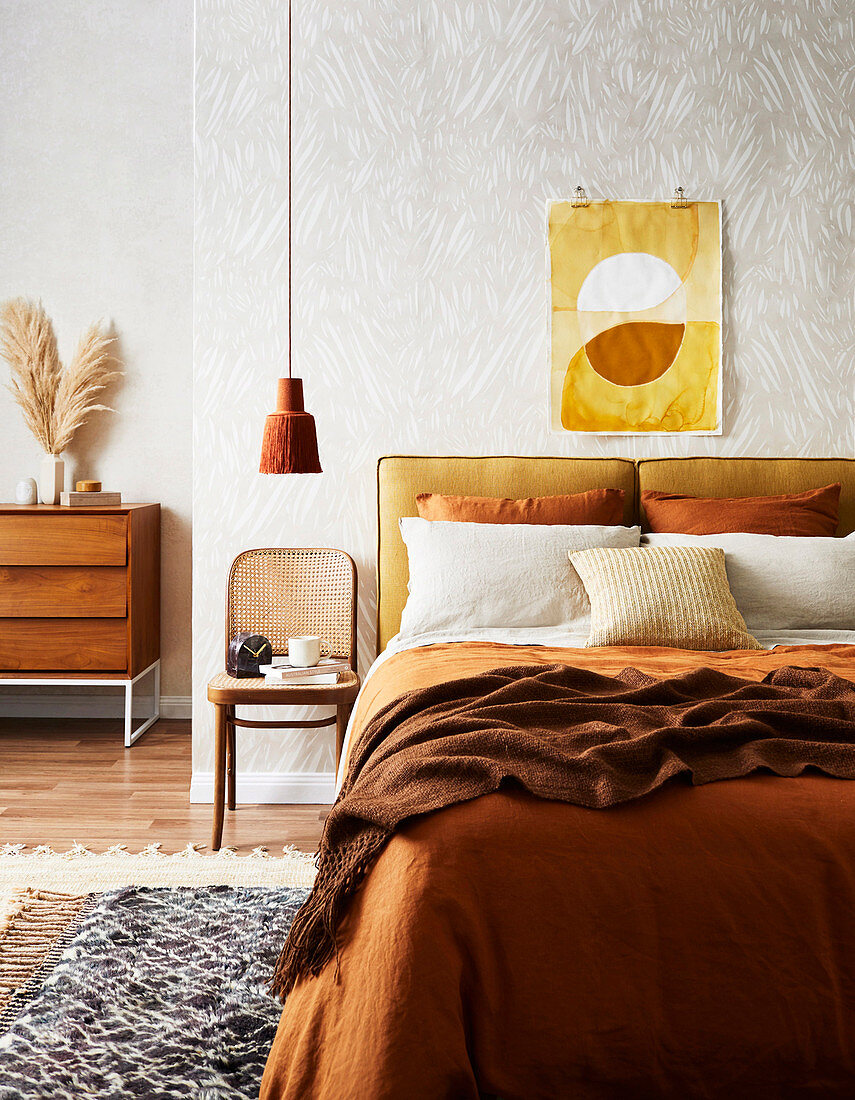 Bedroom in retro style ochre and brown tones