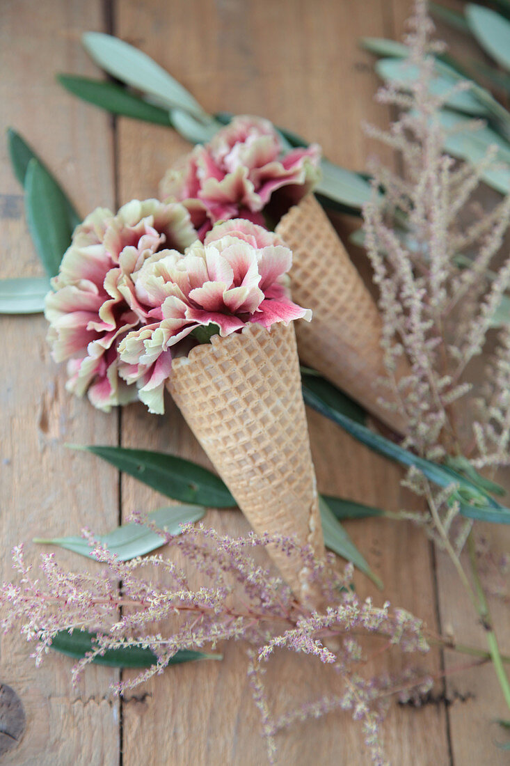 Carnations in waffle cones